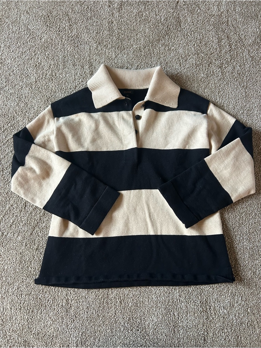 Quince Black and Cream Striped V‑Neck Sweater